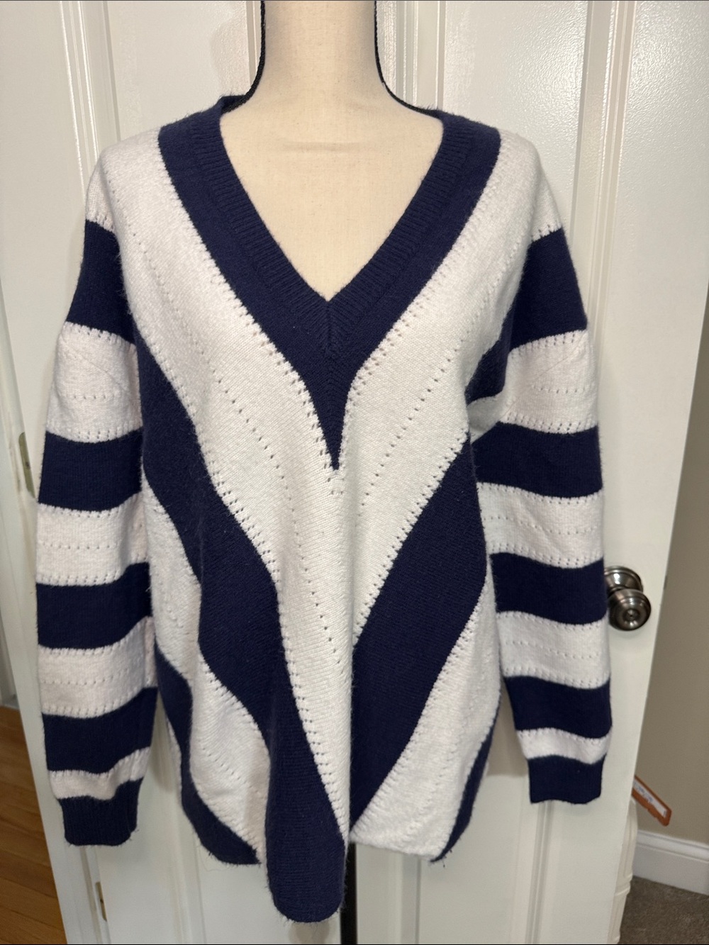 Classic Navy & White V-Neck Stripe Sweater